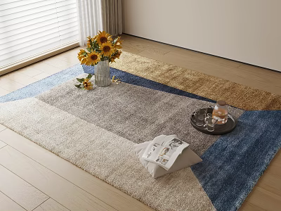Square Area Rug With Blue Grey Beige Color Block Sunflower Bouquet Tray On Wooden Floor 3d model