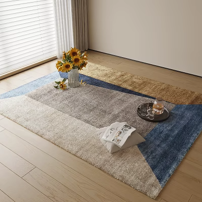 Square Area Rug With Blue Grey Beige Color Block Sunflower Bouquet Tray On Wooden Floor 3d model