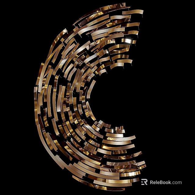 Abstract Golden Curved Decorative Structure With Metal Strips On Black Background 3d model 