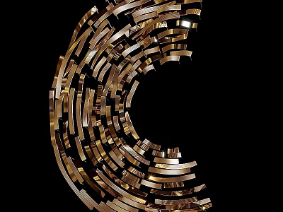 Abstract Golden Curved Decorative Structure With Metal Strips On Black Background 3d model