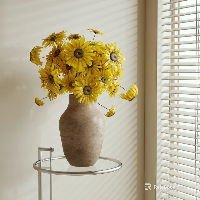 Yellow Flowers Arranged In Terracotta Vase On Glass Side Table With Window Blinds And Sunlight 3d model 