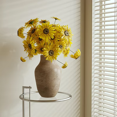 Yellow Flowers Arranged In Terracotta Vase On Glass Side Table With Window Blinds And Sunlight 3d model