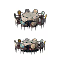 Round Dining Table Set With Multiple Decorative Chairs And Tablecloth For Banquet Use 3d model
