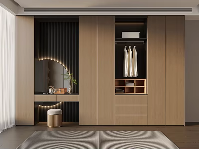 Modern Dressing Room Interior With Wooden Cabinets Hanging Shirts And Round Mirror 3d model