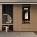 Modern Dressing Room Interior With Wooden Cabinets Hanging Shirts And Round Mirror