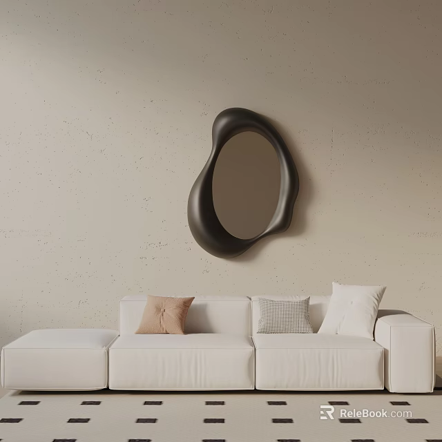 Three Seater White Sofa with Beige Gray White Cushions against Beige Wall Black Irregular Mirror 3d model 