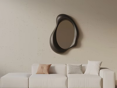 Three Seater White Sofa with Beige Gray White Cushions against Beige Wall Black Irregular Mirror 3d model