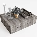 Rustic Wooden Coffee Table With Silver Candle Holders Rose Bouquet Golden Vase And Wooden Tray