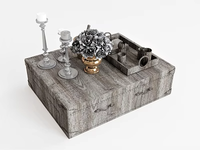 Rustic Wooden Coffee Table With Silver Candle Holders Rose Bouquet Golden Vase And Wooden Tray 3d model