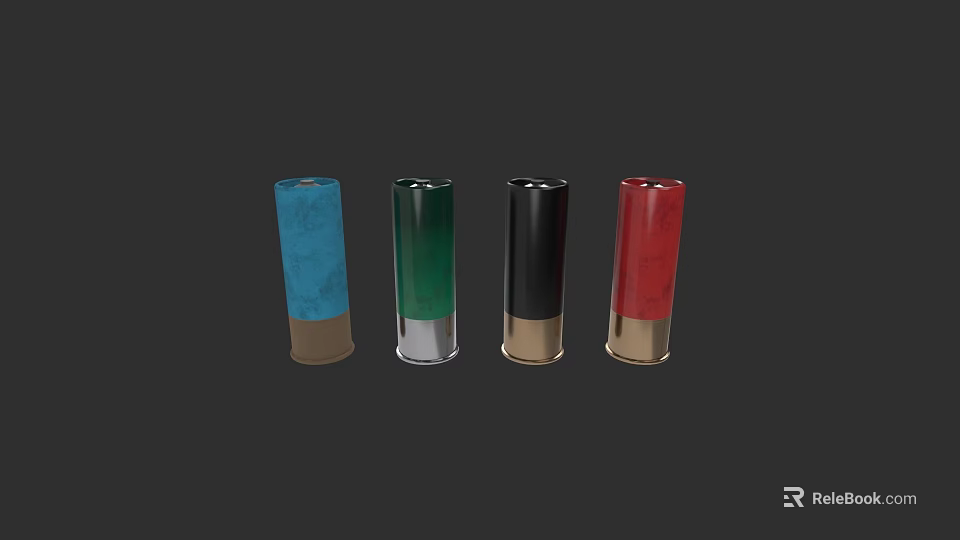Colorful Weapon Ammunition Shells in Blue Green Black Red with Gold Base 3d model 
