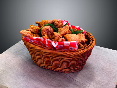 Crispy Fried Chicken in Wicker Basket with Red White Checkered Paper and Fresh Herbs 3d model