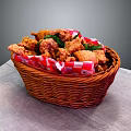 Crispy Fried Chicken in Wicker Basket with Red White Checkered Paper and Fresh Herbs