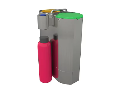 Stainless Steel Trash Bin With Colorful Lids And Red Recycling Bottle 3d model