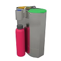 Stainless Steel Trash Bin With Colorful Lids And Red Recycling Bottle