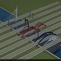Modern Bridge Architectural Design With Red Blue Arched Structures And Roadways 3d model