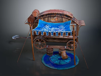 Ancient Wooden Cart Featuring Blue Fabric Canopy Decorative Patterns Wooden Wheels And Circular Mat 3d model