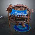 Ancient Wooden Cart Featuring Blue Fabric Canopy Decorative Patterns Wooden Wheels And Circular Mat