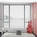 White Window Blinds In Living Room With City View And Red Rabbit Decor