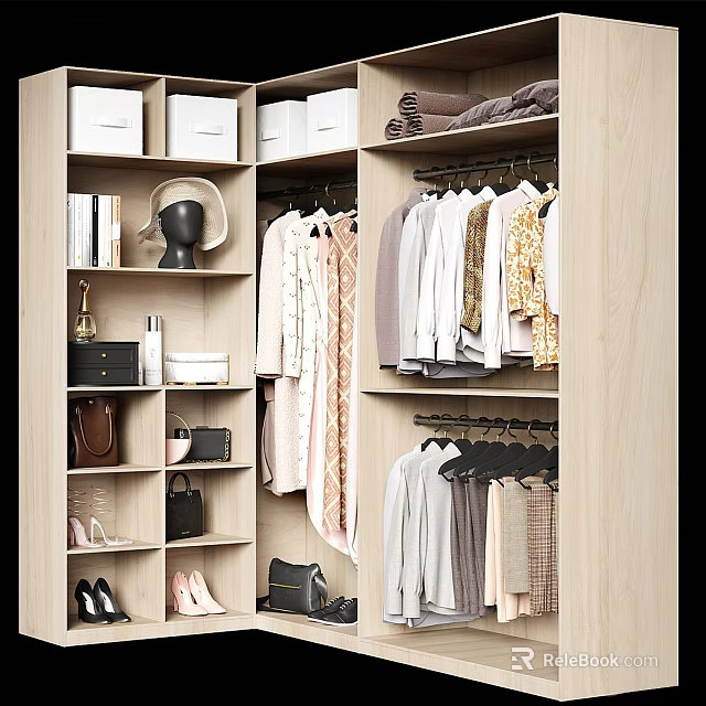 Organized Wardrobe Interior With Hanging Clothes Folded Items Bags Shoes And Shelves 3d model 