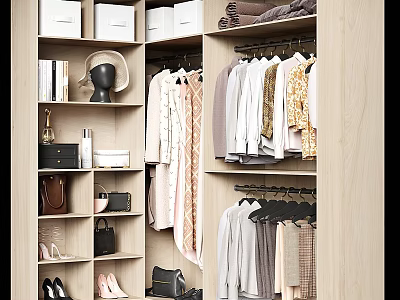 Organized Wardrobe Interior With Hanging Clothes Folded Items Bags Shoes And Shelves 3d model