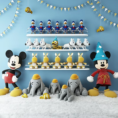Stuffed Toys Display with Blue Background Shelves Mickey Mouse Figures Elephant Plush and Decorative Bunting 3d model