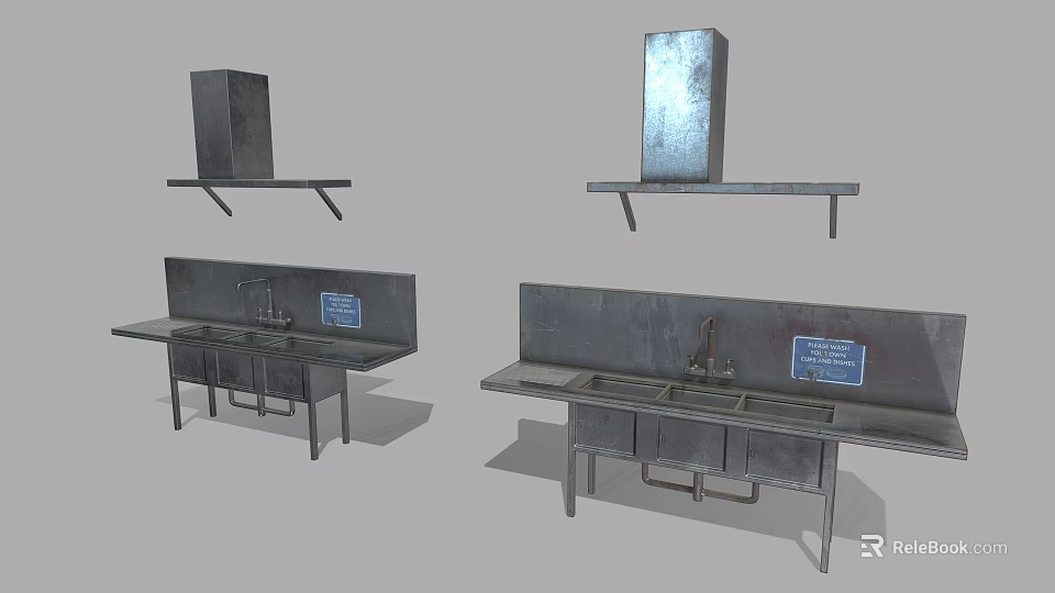 Stainless Steel Commercial Kitchen Equipment for Food Preparation with Sink Counter and Range Hood 3d model 