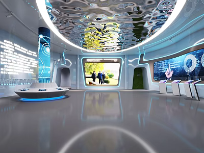 Futuristic Interior Space With Wavy Reflective Ceiling Illuminated Displays And Green Views 3d model