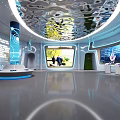 Futuristic Interior Space With Wavy Reflective Ceiling Illuminated Displays And Green Views