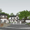 Traditional Chinese Architecture Square With Stone Steps Trees People And Signboard