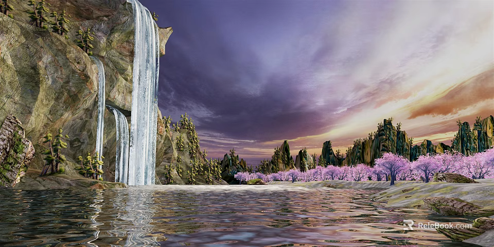 Scenic Garden Landscape With Waterfall Purple Sky Pink Flowering Trees And Water Reflection 3d model 