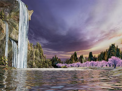Scenic Garden Landscape With Waterfall Purple Sky Pink Flowering Trees And Water Reflection 3d model