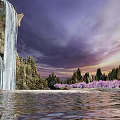 Scenic Garden Landscape With Waterfall Purple Sky Pink Flowering Trees And Water Reflection