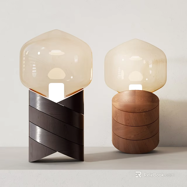 Two Modern Table Lamps With Translucent Hexagonal Shades And Wooden Crossed Layered Bases 3d model 