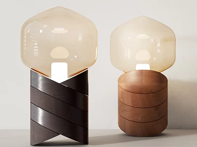 Two Modern Table Lamps With Translucent Hexagonal Shades And Wooden Crossed Layered Bases 3d model