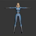 Blonde Female Superhero in Blue Bodysuit with Number 2 Logo Arms Outstretched Gray Background