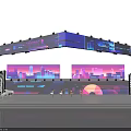 Modern Stage Setup With Blue Purple Lights Large Cityscape Screens And Reflective Floor