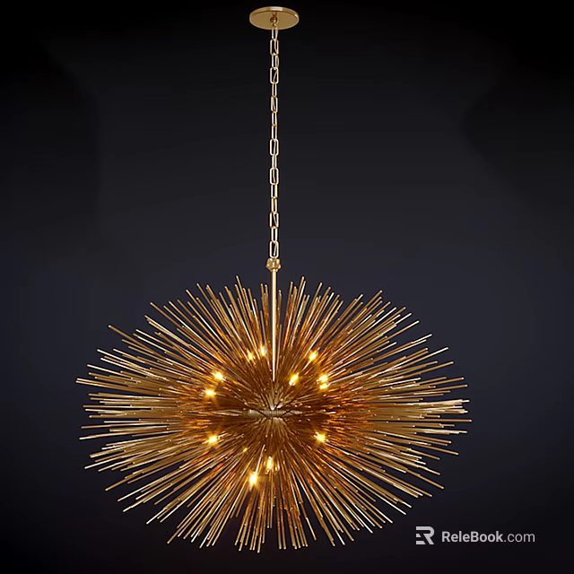 Golden Starburst Chandelier With Metallic Spike Design And Warm Illuminated Lights 3d model 