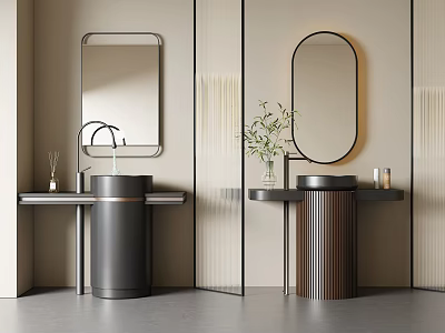 Modern Bathroom Washbasins With Metal Bases Mirrors Green Plant Aromatherapy Bottle And Candle 3d model