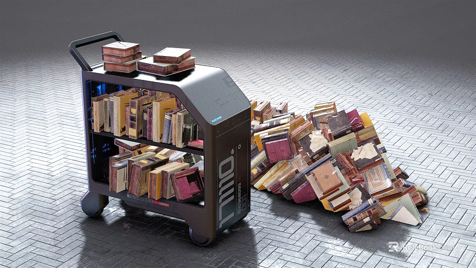 Black Book Cart With Stacked Books On Shelves And Scattered Books On Floor 3d model 
