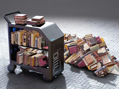 Black Book Cart With Stacked Books On Shelves And Scattered Books On Floor 3d model