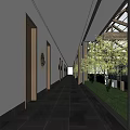 Spacious Indoor Corridor With Arched Wooden Roof And Green Plants On Sides