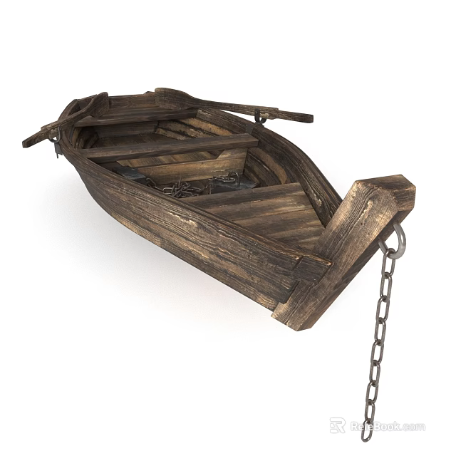 Vintage Wooden Boat With Weathered Planks Chain Detail And Interior Seats 3d model 