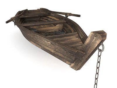 Vintage Wooden Boat With Weathered Planks Chain Detail And Interior Seats 3d model
