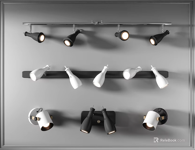 Track And Wall Mounted Downlights Spotlights In Black White For Home Lighting 3d model 