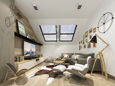 Modern Living Room Interior With Skylight TV Sofa Cowhide Rug Floor Lamp And Decorative Paintings 3d model