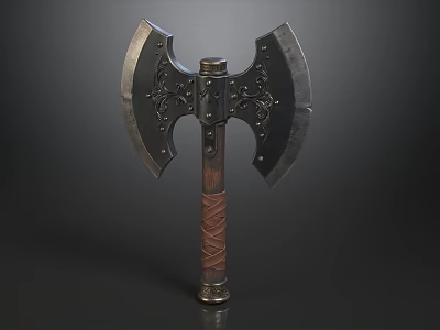 Ornate Retro Double Bladed Medieval Battle Axe With Leather Wrapped Wooden Handle And Metal Rivets 3d model