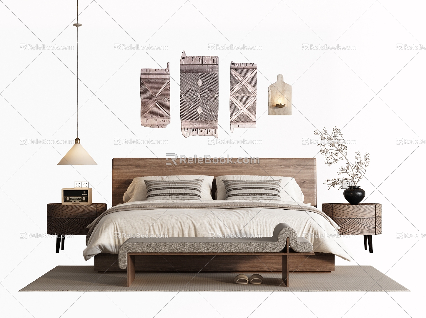 Chinese Double Bed Bedding Combination Bedroom 3d model