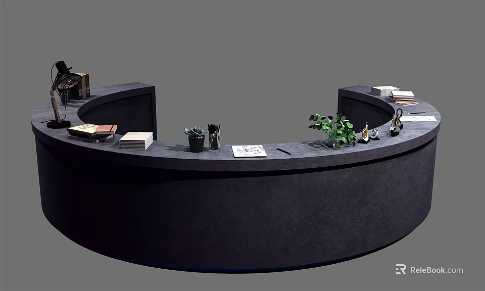 Curved Dark Reception Desk With Green Plant Books And Decorative Items 3d model 