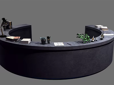 Curved Dark Reception Desk With Green Plant Books And Decorative Items 3d model