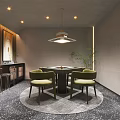 Hotel Mahjong Room Modern Interior With Round Table Green Chairs Pendant Light And Plants